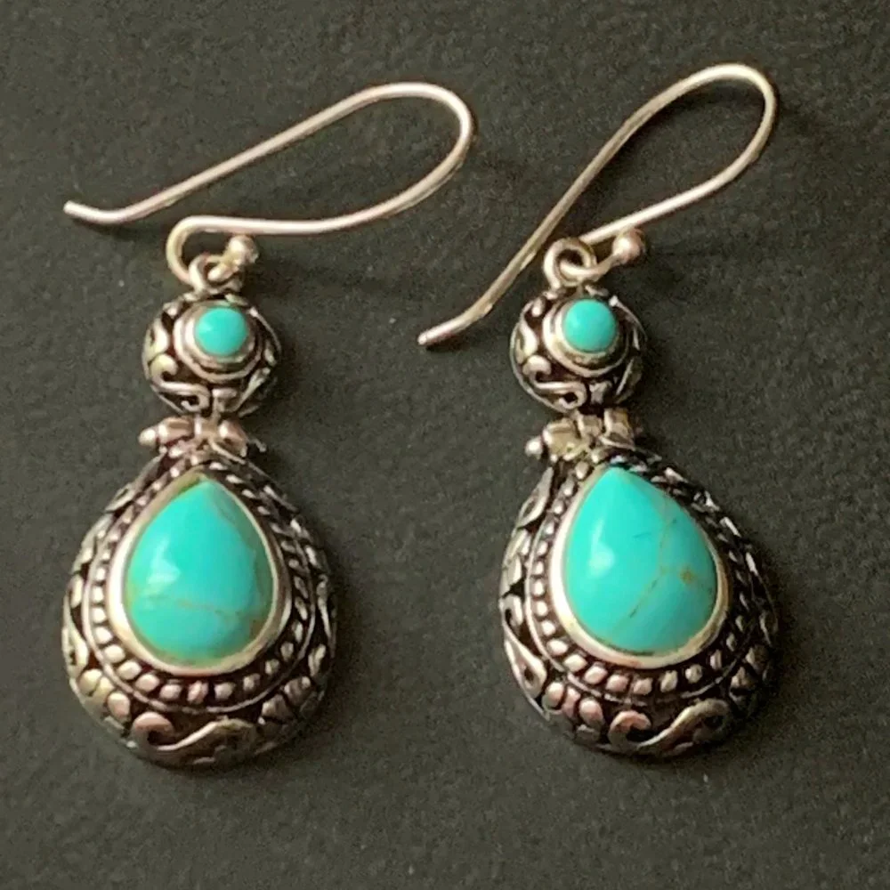 Turquoise 925 Sterling Silver Handmade Teardrop Earrings, - Picture 1 of 4